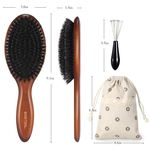 BESTOOL Boar Bristle Hair Brush - Natural Beech Wood Paddle for Smoothing