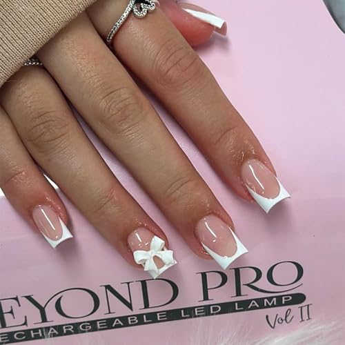 24 Pcs Bow French Tip Press On Nails - Short Square Design