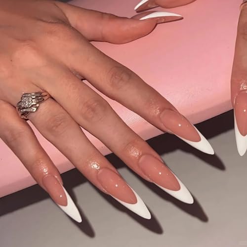 BABALAL Long French Tip Press-On Nails - 24 Pcs Glossy White Acrylic