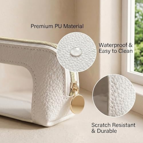 Portable Makeup Brush Bag with Zipper - White Pebbled Cosmetic Organizer