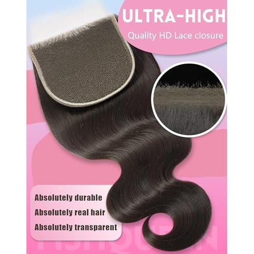 Body Wave Human Hair 5x5 HD Swiss Lace Closure Only 0.095mm Ultra-Thin Invisible Bleached Knots Frontal HD Lace Closure Pre-Plucked Skinlike Brazilian Raw Human Hair(5x5 Natural Black 20 Inch)