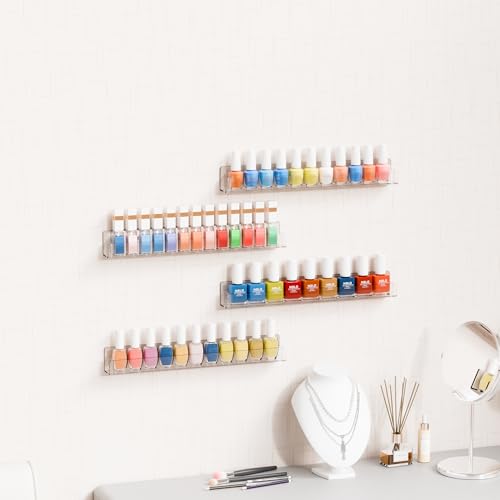 4 Pack Wall Mount Acrylic Nail Polish Shelves 15 Inch - Clear Organizer for Salon & Studio