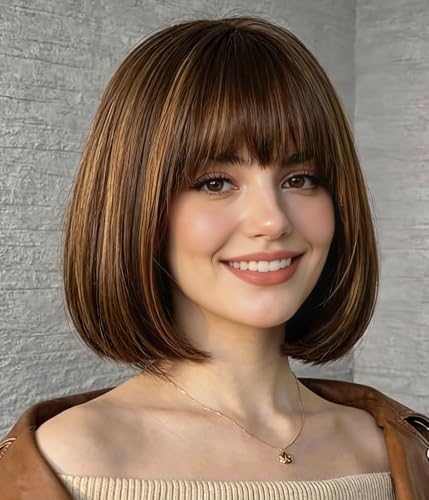 Brown Blonde Highlight Bob Wig with Bangs - Synthetic Wig for Women