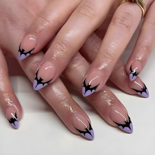 Halloween Design 13 Short French Tip Fake Nails with Glue - Black Bat Nude Acrylic Manicure Tips for Women DIY Party & Holiday, 24Pcs