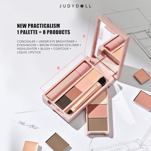 JUDYDOLL Portable Makeup Palette - All-in-One Face Makeup Kit, Contour & Highlighter for Warm & Cool Skin Tones, Travel-Friendly Cosmetic Palette (05 Sleepless Box (with Liquid Lipstick))