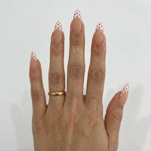 Nude Pink French Tip Polka Dot Press-On Nails - Medium Almond
