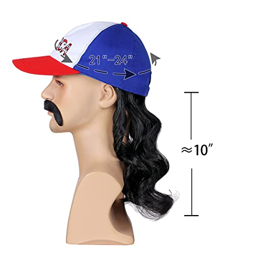 Red White Blue Mullet Wig with Mustache Hat for Men - 4th of July