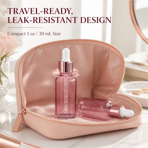 PrettyCare 4 Pack 1oz Rose Glass Dropper Bottles for Essential Oils - Leakproof Tincture & Beauty Bottles with Labels & Funnels