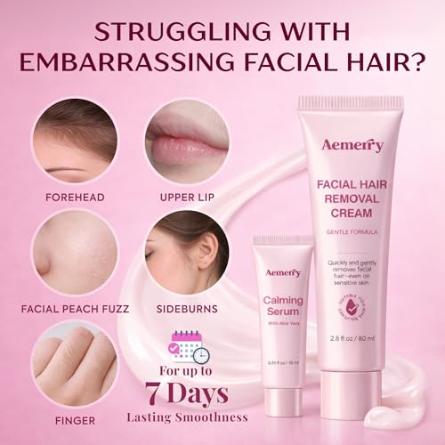 Facial Hair Removal Cream for Women ? Painless 2-in-1 Depilatory Kit with Calming Serum, Gentle Formula for Sensitive Skin, Upper Lip, Chin & Face Hair Remover, Fast 5 Min Smooth, 80ml + 10ml