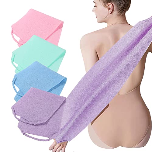 LZCNM 4 Pack Exfoliating Body Scrubber with Handles - Extended Length Back Scrubber for Shower, Men & Women (Green, Blue, Purple, Pink)