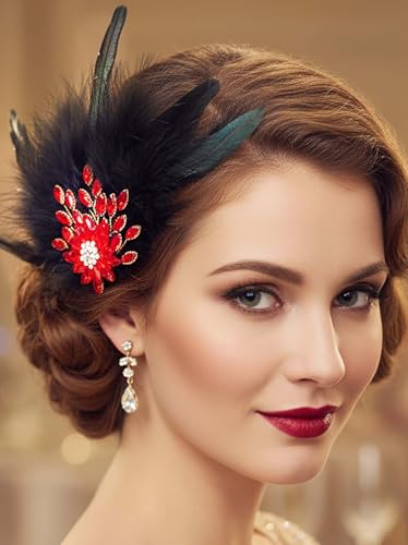 1920s Black Feather Fascinator with Red Crystal Flower for Formal Evening Events