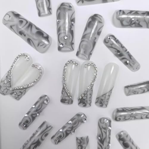 Black Silver French Tip Fake Nails with Heart Design - Reusable Square Press-On, 24 Pcs