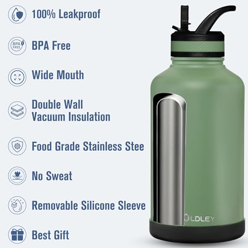 OLDLEY 64 oz Insulated Water Bottle with 3 Leak-Proof Lids - Army Green