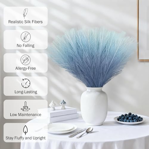 Light Blue Pampas Grass Decor - 50 Pcs 21.6" Faux Flower Stems for Boho Home Decor
