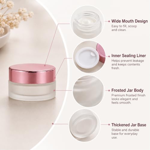 12-Pack 5g Frosted Glass Cosmetic Jars with Rose Gold Caps, Refillable Sample Vials for DIY Skincare & Makeup