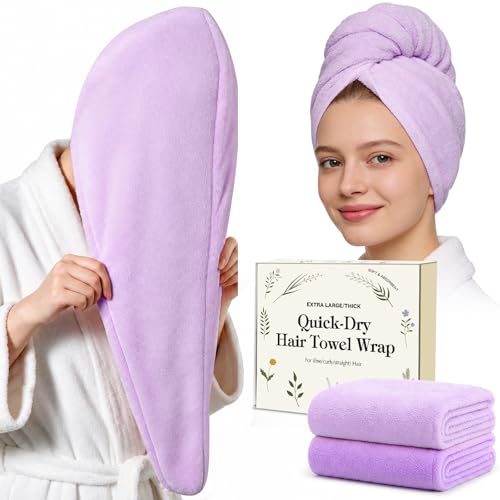 2 Pack Purple Microfiber Hair Towel Wrap for Women - Fast Drying, Anti-Frizz Design