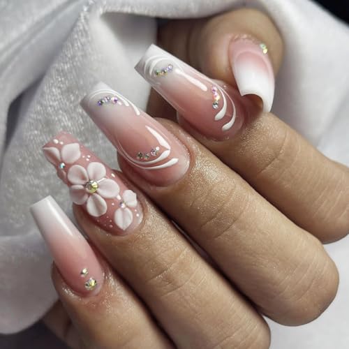 YOJIATOP Flower Lines Rhinestones Medium Coffin Press On Nails for Women 24Pcs