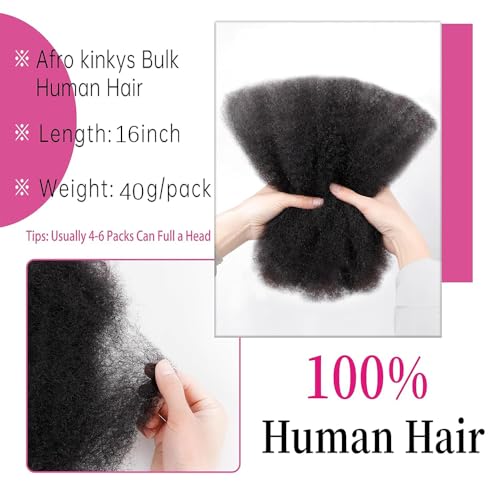 BestAphrohair 16 Inch Afro Kinky Bulk Human Hair - 2 Bundles, 4C Curly