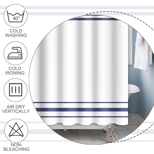 Navy Blue Striped Shower Curtain Set with Hooks - 48x72 in