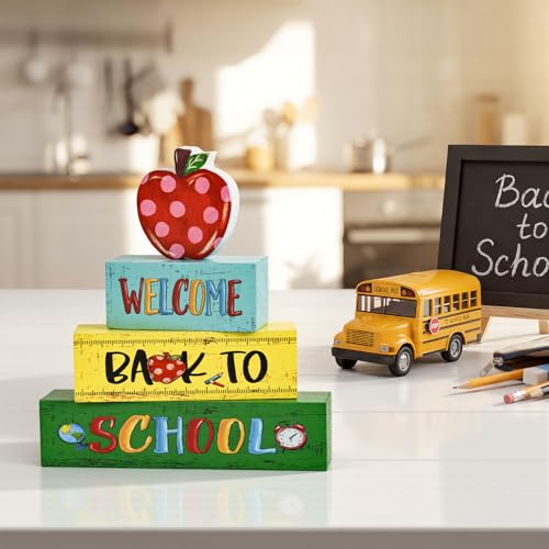 Back to School Wooden Table Decor with Apple & Pencil Design