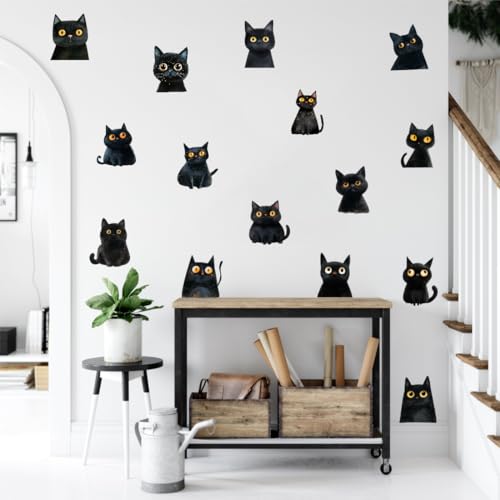 Watercolor Black Cat Wall Stickers - 15 Vinyl Decals for Kids Room