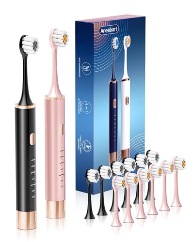 Aneebart Black & Pink Electric Toothbrush for Adults, 2 Pack, 12 Brush Heads, 6 Modes, USB Rechargeable, Smart Timer