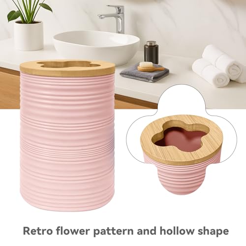 Pink Bamboo Bathroom Accessory Set - 4 Pieces Includes Soap Dispenser, Toothbrush Holder, Soap Dish, Cup
