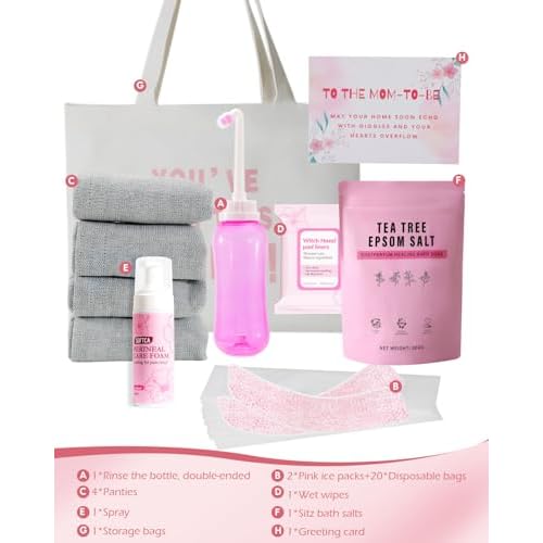 Postpartum Essentials Kit - Peri Bottle,Perineal Ice Packs,Perineal Healing Foam,Disposable Underwears,Cooling Pad Liners,Bath Salts,Canvas Bag,Card,Postpartum Gifts for Mom