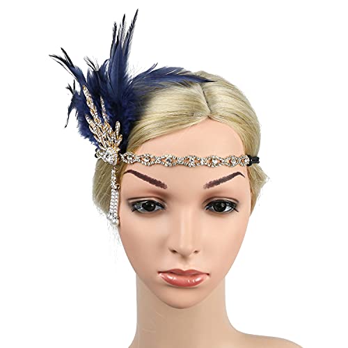 StarDY Vintage 1920s Flapper Feather Headband - Blue & Gold