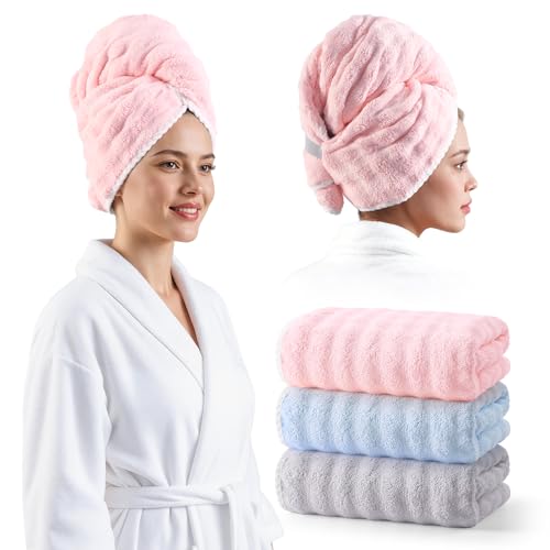 REDKISS 3-Pack Microfiber Hair Towels - Quick Dry, Soft & Anti-Static, Bubbles Colors (Pink, Blue, Grey)