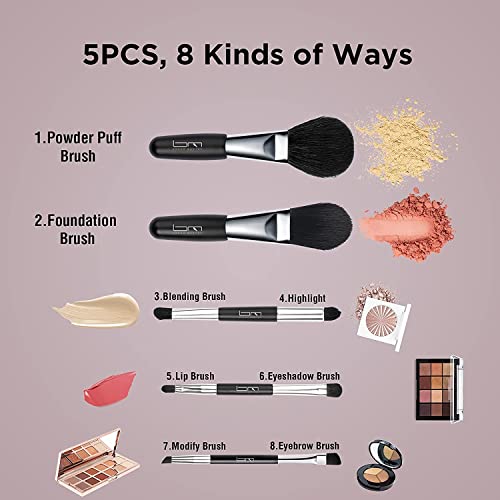 Black Mini Travel Makeup Brush Set - 5 Double-Ended Cosmetic Brushes with Pouch