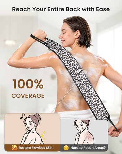 Eaxun Leopard Back Scrubber and Mitt Set - Medium, Long Reach Shower Exfoliating Bath Tool