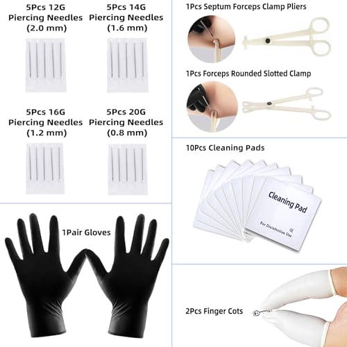 TKKUY 80Pcs Nose Piercing Kit - 12G 14G 16G 20G Needles & Stainless Steel Body Jewelry
