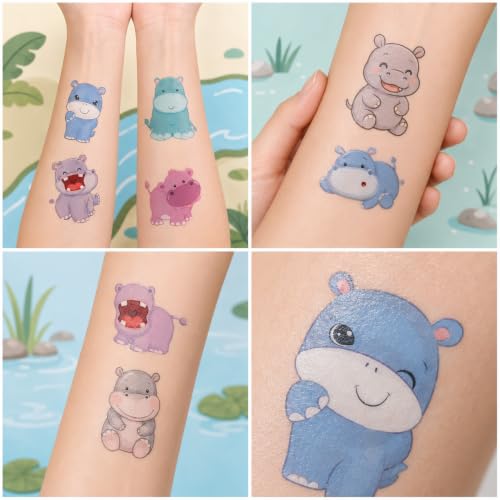 Frawharmone 96PCS Kids Hippo Temporary Tattoos - Jungle Party & Kids' Fun