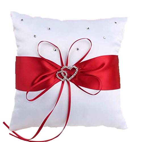7.8" Satin Double Hearts Wedding Ring Bearer Pillow - Red