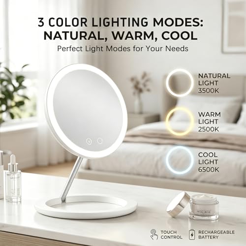 Vanpaga Rechargeable Travel Makeup Mirror with Lights, Adjustable Brightness & 3 Color Modes