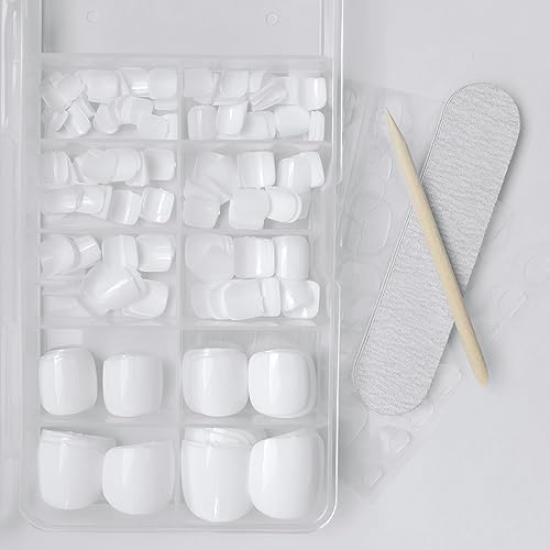 LuckForever White Press On Toenails Kit with 240 Tips & Adhesive Tabs - Short Square Fake Toenails for DIY Pedicure