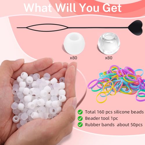White Mix 160pcs Silicone Hair Beads Kit with Beader & Rubber Bands
