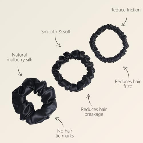 ZIMASILK 100% Pure Mulberry Silk Hair Scrunchies - 3 Pack Black