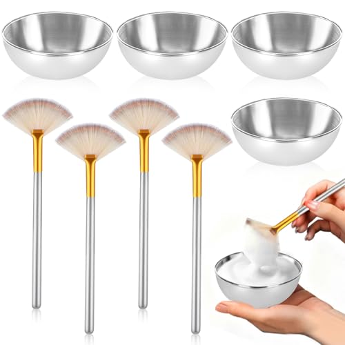8-Piece Esthetician Facial Set: Stainless Steel Mixing Bowls & Fan Brushes