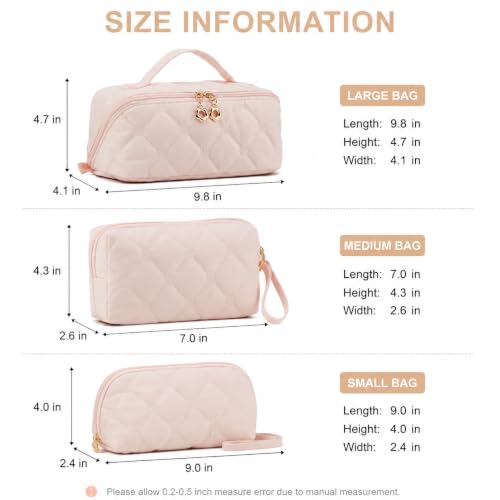 Pink Embroidery Puffer Travel Makeup Bag - Women’s Cosmetic Organizer
