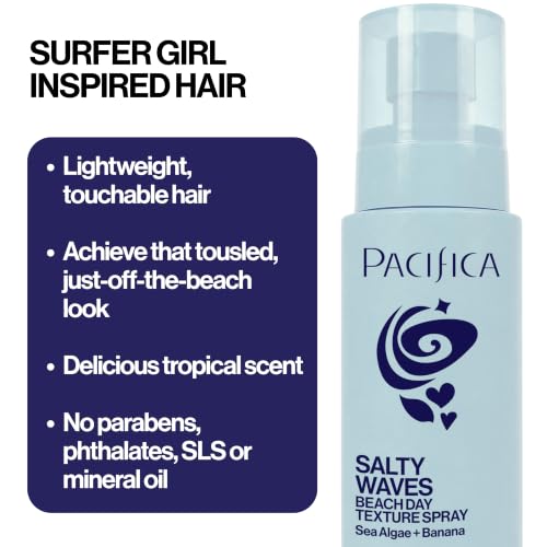 Pacifica Salty Waves Beachy Spray with Coconut - Sea Salt Hair Texturizer, 4oz - Lightweight Vegan Beach Waves