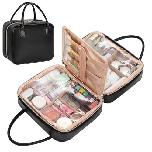 Onemoky Black Leather Large Capacity Travel Makeup Bag with Dividers & Brush Compartments