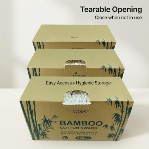 1050pcs CGR Organic cotton Swabs, 100% Cotton Double-Tipped, Bamboo Sticks(compostable), Travel Pack(3 Pack of 350 Swabs Total)