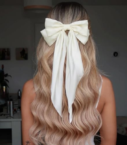 Vintage Hair Bows for Women - 8 PCS Satin Bow Clips with Long Tails