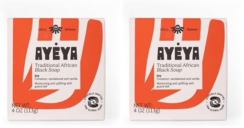 AYÉYA African Black Soap Bar with Vanilla - Raw Shea & Cinnamon for Dry Skin - Pack of 2, 4oz