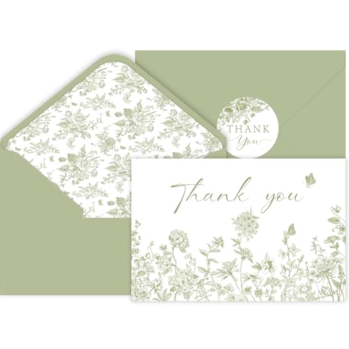 24 Pack Sage Green Floral Thank You Cards with Envelopes & Stickers