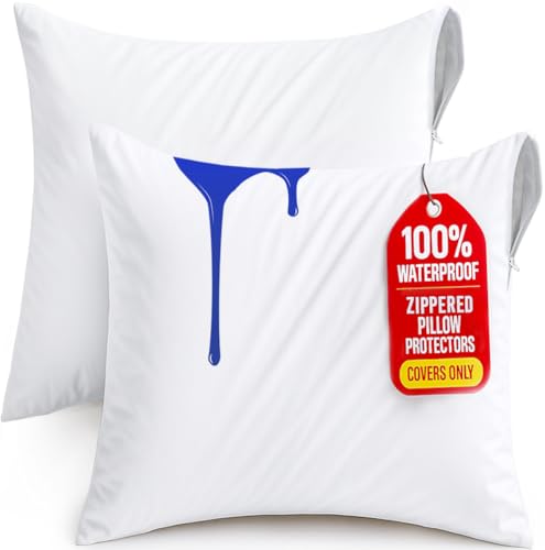 Set of 2 Waterproof Pillow Protectors with Zipper, 22x22 inches