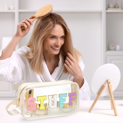 Kacctyen Beige Stuff Letter Makeup Bag with Zipper - Travel Pouch