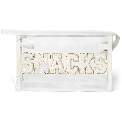 SNACKS Clear Makeup Bag, White Chenille Varsity Letter Travel Pouch